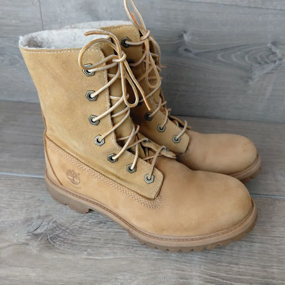 Timberland Teddy Fleece Fold Down Boots Women 7.5 Brown Leather Waterproof 8329R